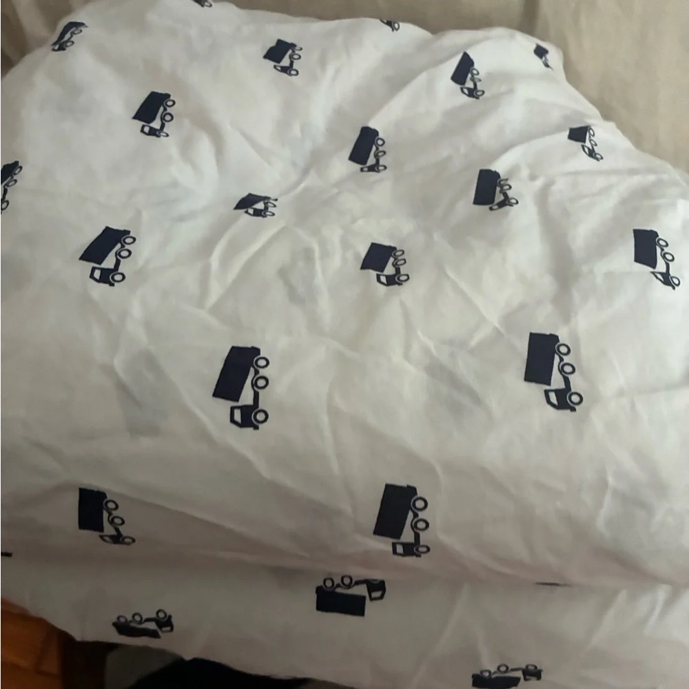Pottery Barn Kids White Queen Sheet Set with Navy Car Motif